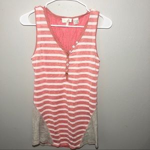 MISS ME CORAL STRIPE LACE BACK BUTTON TANK L